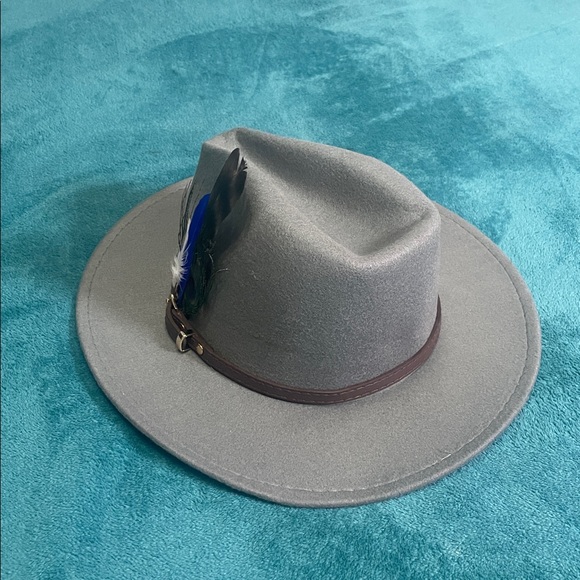 Gray Women's Felt Fedora Western Cowboy Hat Brown Belt  Peacock Feather Accent - Picture 5 of 8